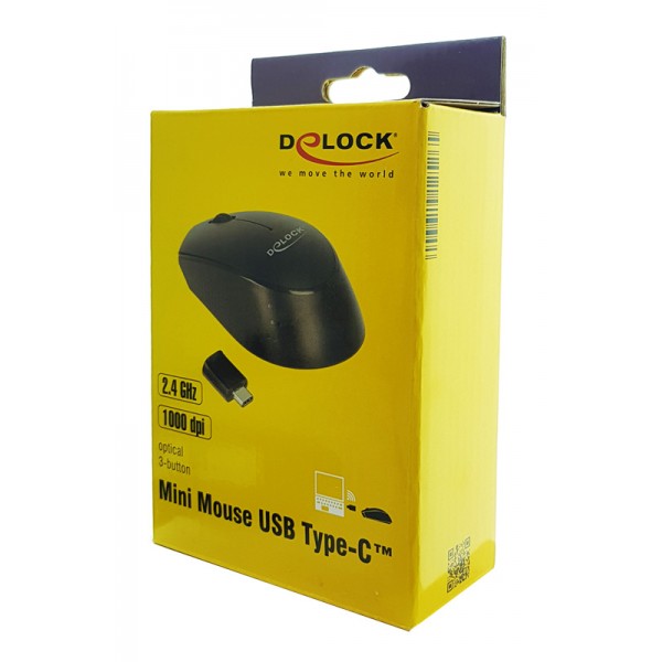 DELOCK Wireless mini Mouse, Οπτικό, USB Type-C receiver, 3-button, μαύρο