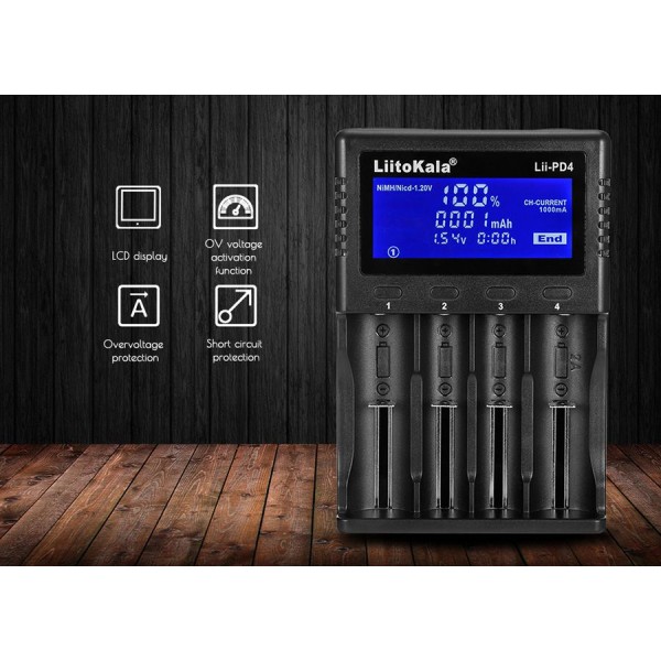 LIITOKALA φορτιστής LII-PD4 για μπαταρίες NiMH/CD, Li-Ion, IMR, 4 slots