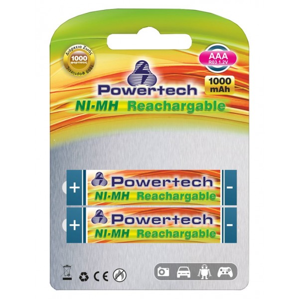 POWERTECH Επαναφορτιζόμενη 1000mAh, AAΑ (R03), 2 τμχ