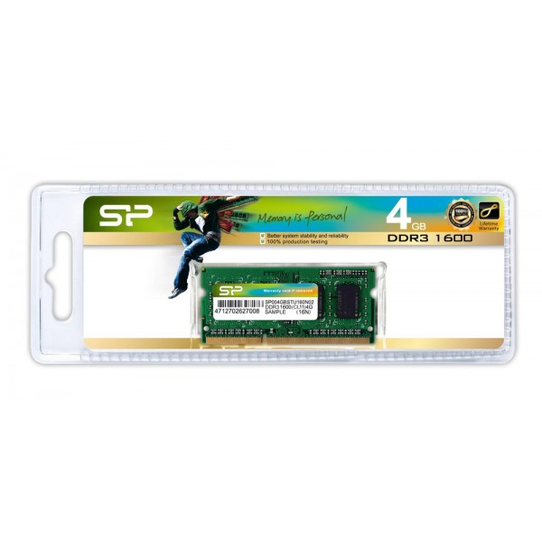 SILICON POWER Μνήμη DDR3 SODimm, 4GB, 1600MHz, PC3-12800, CL11