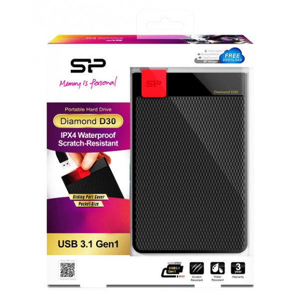 SILICON POWER Εξωτερικός HDD 1TB Diamond D30 D3S, USB 3.1, Black