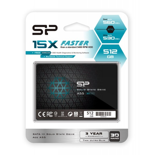 SILICON POWER SSD A55 512GB, 2.5", SATA III, 560-530MB/s 7mm, TLC