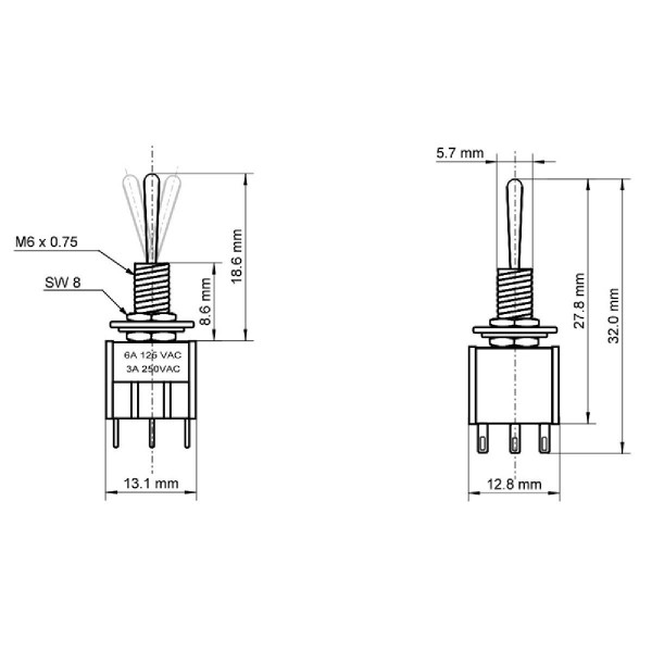 GOOBAY διακόπτης 10023, 6-pin, ON-OFF-ON, 3A 250V, 5τμχ