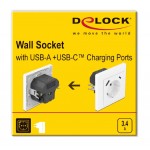 DELOCK πρίζα τοίχου 11489 με θύρες φόρτισης USB & USB Type-C 3.4A, λεύκη