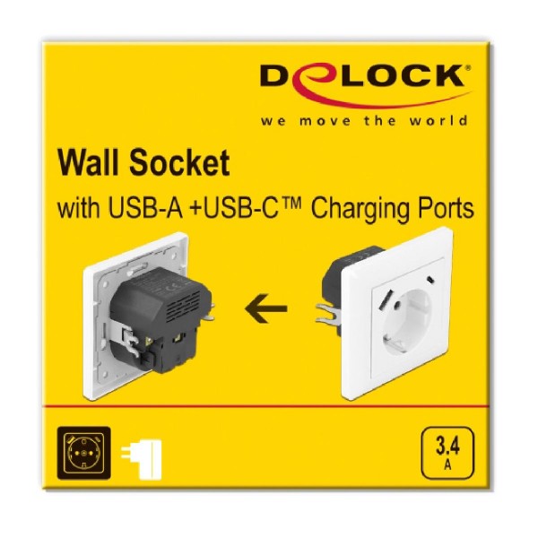 DELOCK πρίζα τοίχου 11489 με θύρες φόρτισης USB & USB Type-C 3.4A, λεύκη