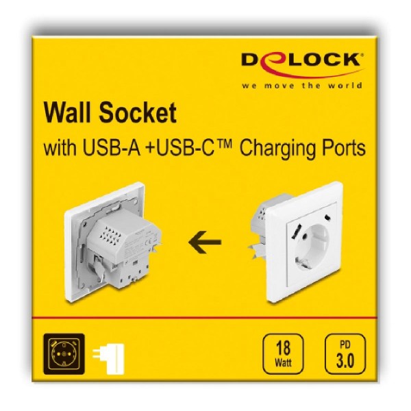 DELOCK πρίζα τοίχου 11499 με θύρες φόρτισης USB & USB-C, 18W PD, λευκή