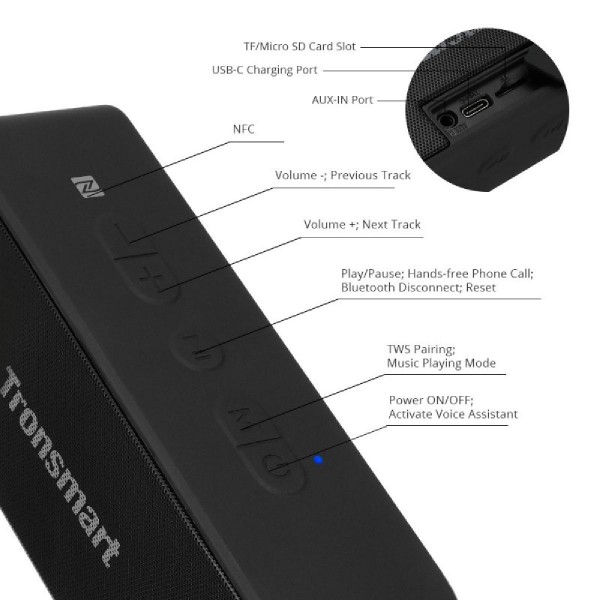 TRONSMART φορητό ηχείο Element T2 Plus, 20W, Bluetooth, 3600mAh, μαύρο