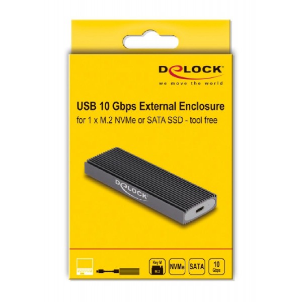 DELOCK θήκη για M.2 NVMe PCIe/SATA SSD 42019, tool free, 10Gbps, μαύρη