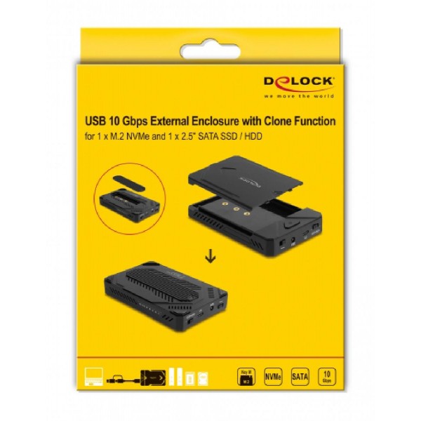 DELOCK θήκη για M.2 & 2.5" SATA SSD/HDD 42020, USB-C, λειτουργία κλώνου