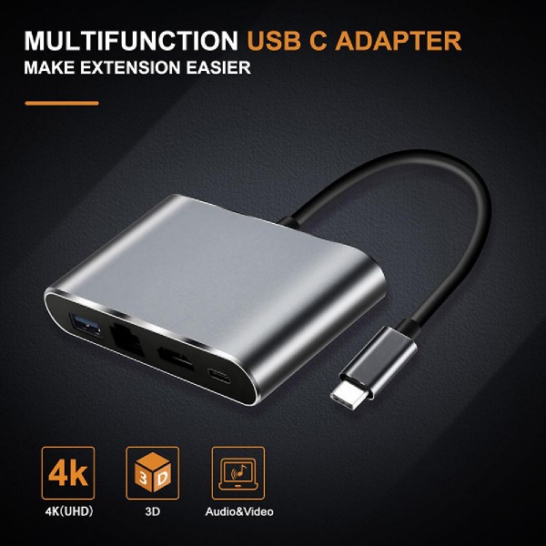 CABLETIME αντάπτορας USB-C σε HDMI+USB-A+USB-C+RJ45 C160 4K, 0.15m, γκρι