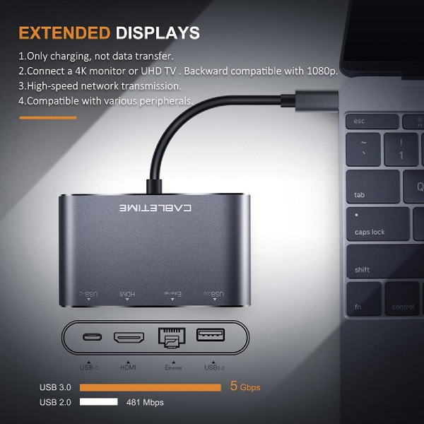 CABLETIME αντάπτορας USB-C σε HDMI+USB-A+USB-C+RJ45 C160 4K, 0.15m, γκρι