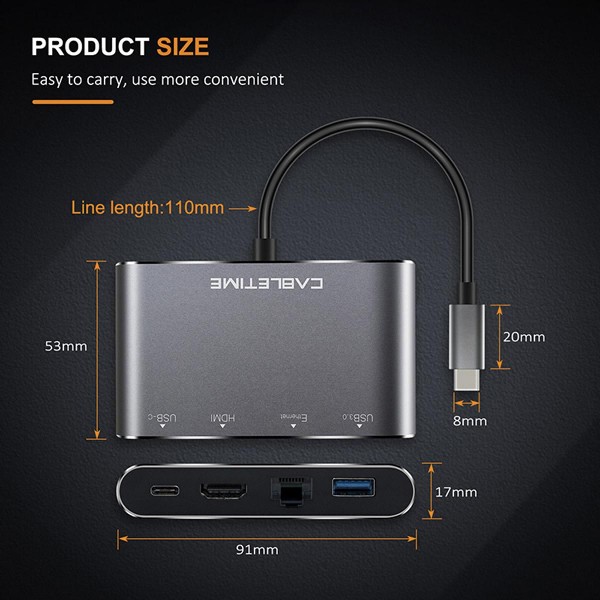 CABLETIME αντάπτορας USB-C σε HDMI+USB-A+USB-C+RJ45 C160 4K, 0.15m, γκρι