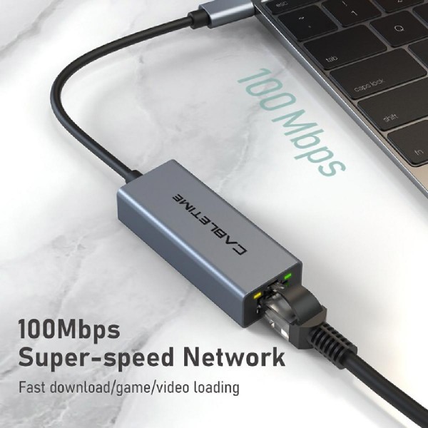 CABLETIME αντάπτορας USB Type-C σε RJ45 CML100, 100Mbps, 0.15m, γκρι