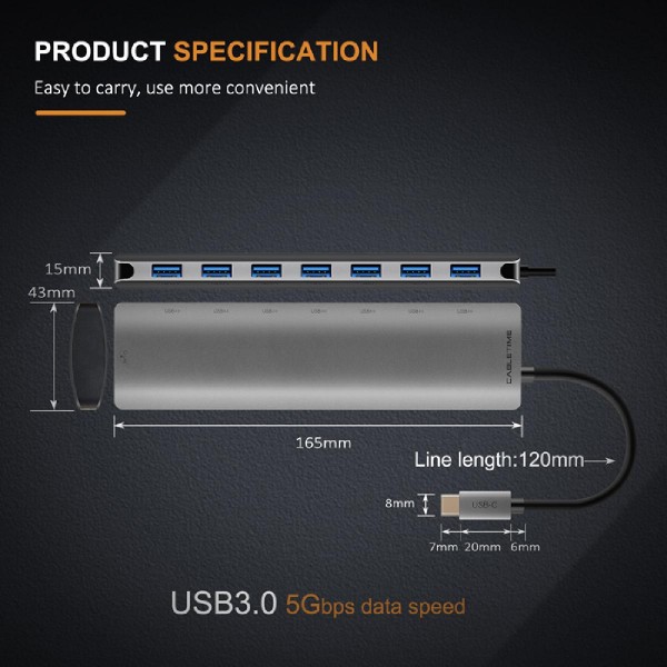 CABLETIME hub Type-C C160, 7-ports USB 3.0 , 5Gbps, 0.15m, ασημί