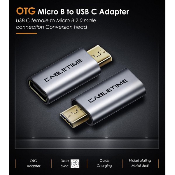 CABLETIME αντάπτορας OTG USB Type-C σε USB 2.0 Micro B C160, γκρι