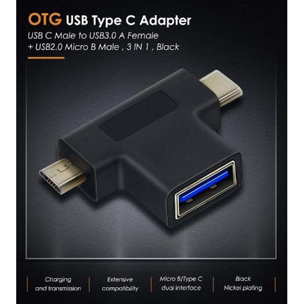 CABLETIME αντάπτορας USB-C σε USB-A 3.0 + USB Micro B 2.0 C160, μαύρος