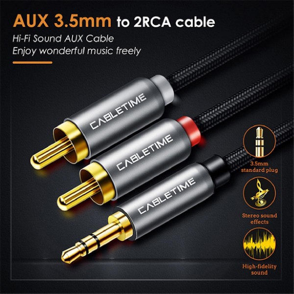 CABLETIME καλώδιο Stereo 3.5mm σε 2x RCA AV314, 5m, μαύρο