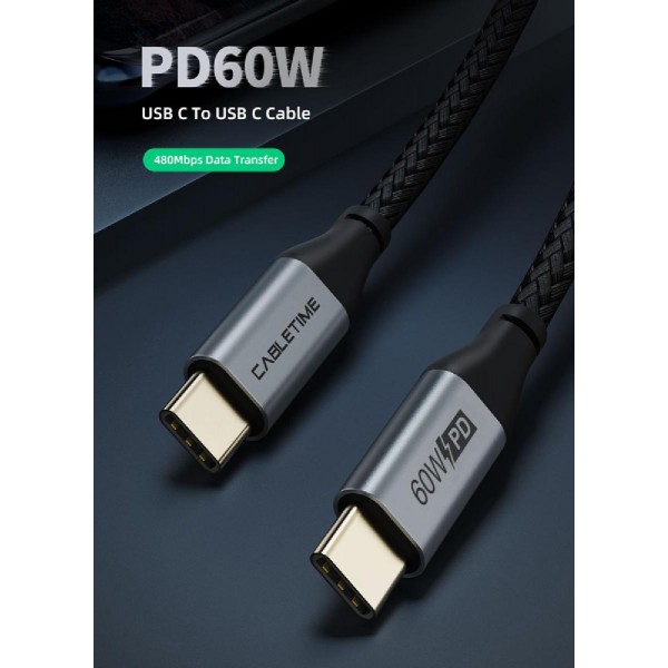 CABLETIME καλώδιο USB-C σε USB-C CT-CMCM, 60W, 480Mbps, 2m, μαύρο