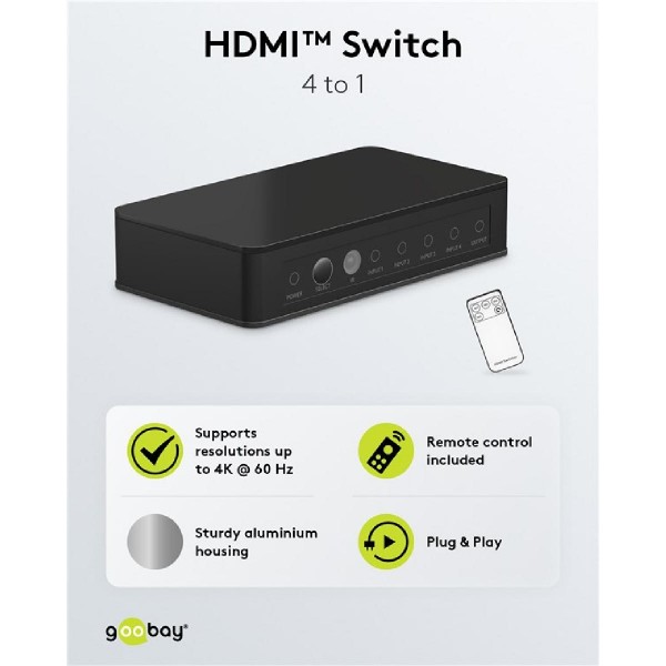 GOOBAY HDMI switch 58489, 4-in σε 1-out, 4K/60Hz, μαύρο