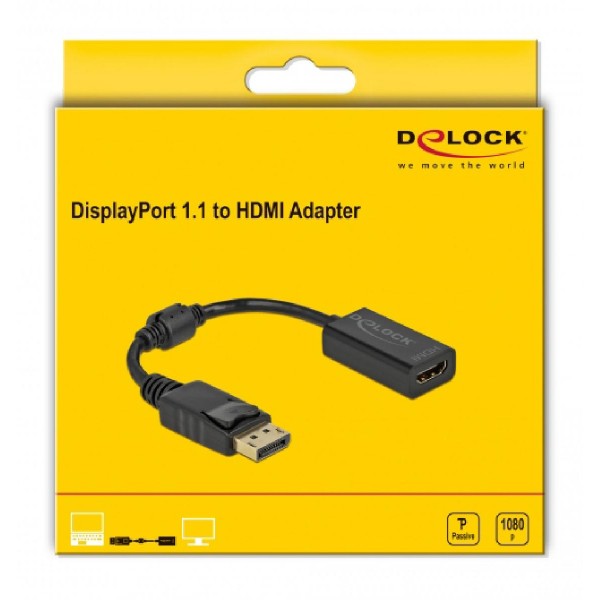 DELOCK αντάπτορας DisplayPort σε HDMI 61011, 1080p Passive, 15cm, μαύρος