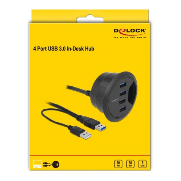 DELOCK USB hub 62868, 4x USB 3.0, 5Gbps, 60/80mm, μαύρο