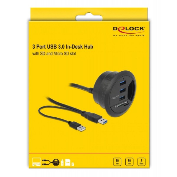 DELOCK USB hub 62869, 3x USB, micro SD & SD, 5Gbps, 60/80mm, μαύρο