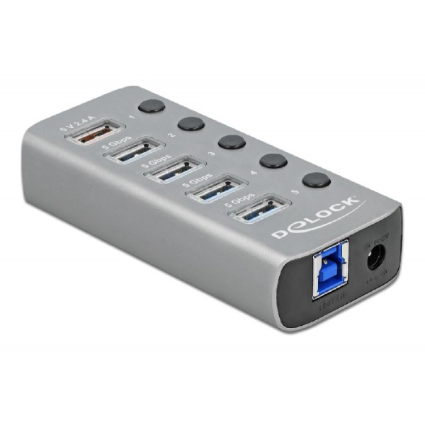 DELOCK hub 5x USB με διακόπτες 63262, USB 3.2, Gen 1, 5Gbps, 2.4A, γκρι