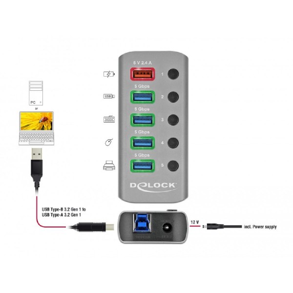 DELOCK hub 5x USB με διακόπτες 63262, USB 3.2, Gen 1, 5Gbps, 2.4A, γκρι