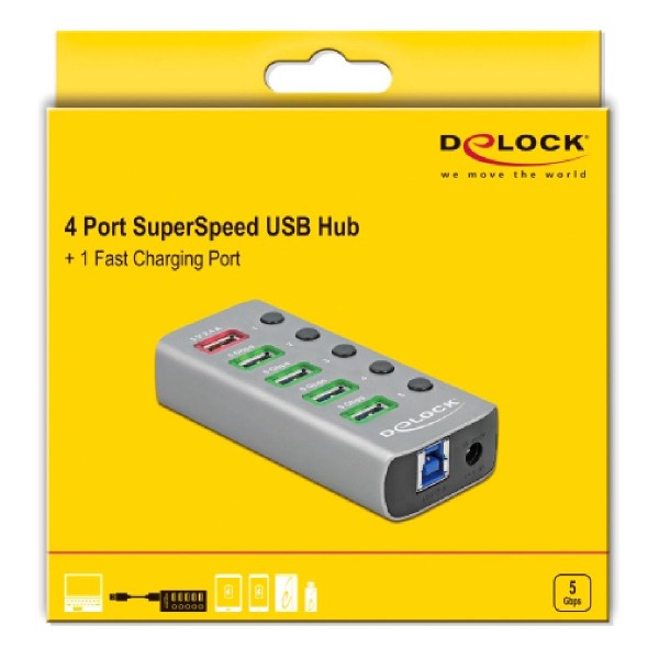 DELOCK hub 5x USB με διακόπτες 63262, USB 3.2, Gen 1, 5Gbps, 2.4A, γκρι