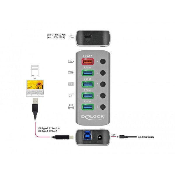 DELOCK hub 5x USB + 1x Type-C PD με διακόπτες 63263, 5Gbps, 2.4A, γκρι