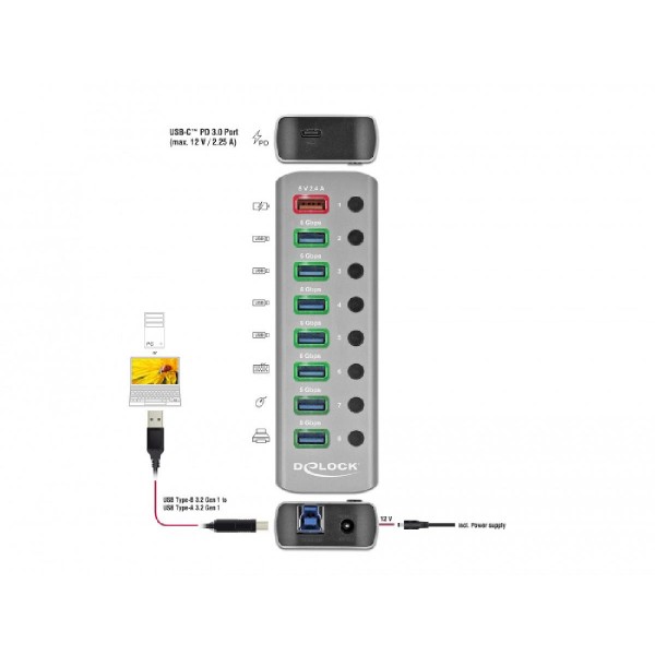 DELOCK hub 8x USB + 1x Type-C PD με διακόπτες 63264, 5Gbps, 2.4A, γκρι