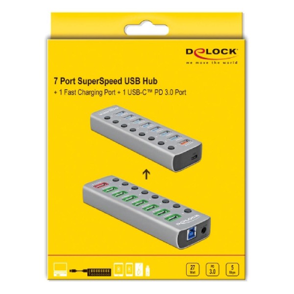 DELOCK hub 8x USB + 1x Type-C PD με διακόπτες 63264, 5Gbps, 2.4A, γκρι