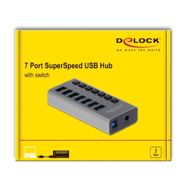 DELOCK hub 7x USB με διακόπτες 63669, USB 3.0, 5Gbps, LED, γκρι