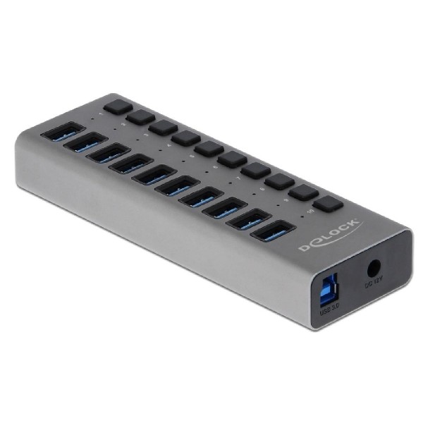 DELOCK hub 10x USB με διακόπτες 63670, USB 3.0, 5Gbps, LED, γκρι