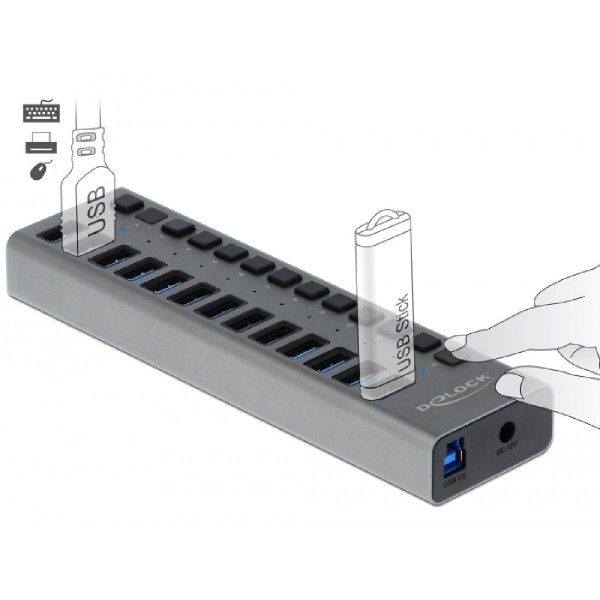 DELOCK hub 13x USB με διακόπτες 63738, USB 3.0, 5Gbps, LED, γκρι