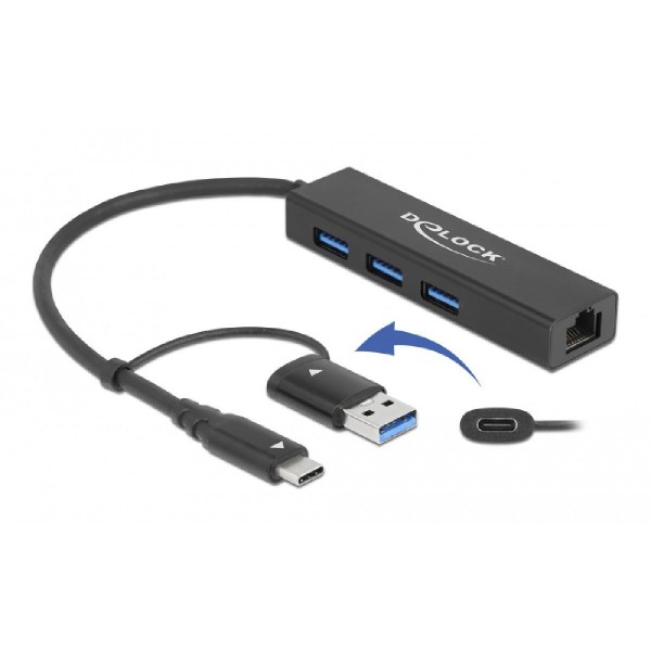 DELOCK USB hub 64149 3x USB 3.2 Gen 1/Gigabit LAN 1000Mbps, 5Gbps, μαύρο