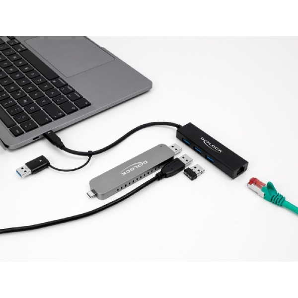 DELOCK USB hub 64149 3x USB 3.2 Gen 1/Gigabit LAN 1000Mbps, 5Gbps, μαύρο