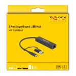 DELOCK USB hub 64149 3x USB 3.2 Gen 1/Gigabit LAN 1000Mbps, 5Gbps, μαύρο