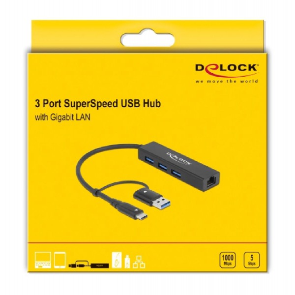 DELOCK USB hub 64149 3x USB 3.2 Gen 1/Gigabit LAN 1000Mbps, 5Gbps, μαύρο