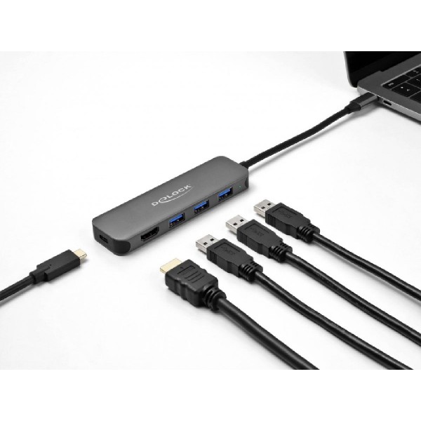 DELOCK USB-C hub 64170, 3x USB 5Gbps, HDMI 4K, USB-C PD 85W, γκρι