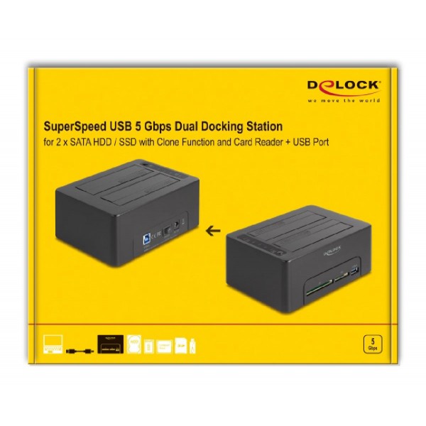 DELOCK docking station 64183 clone function, 2x HDD, CF/SD, 5Gbps, μαύρο