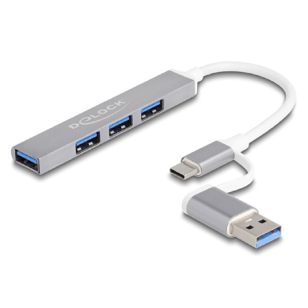 DELOCK USB hub 64214, 4x USB θύρες, USB & USB-C σύνδεση, γκρι