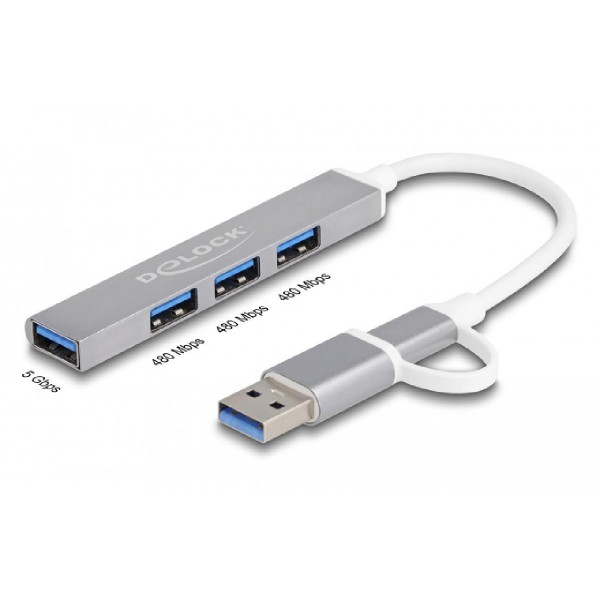 DELOCK USB hub 64214, 4x USB θύρες, USB & USB-C σύνδεση, γκρι