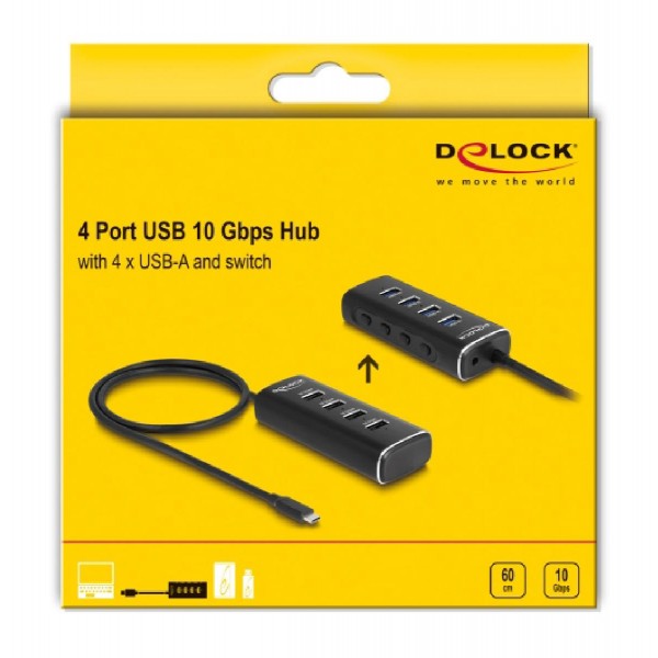 DELOCK USB-C hub 64233 με διακόπτες, 4x USB θύρες, 10Gbps, μαύρο