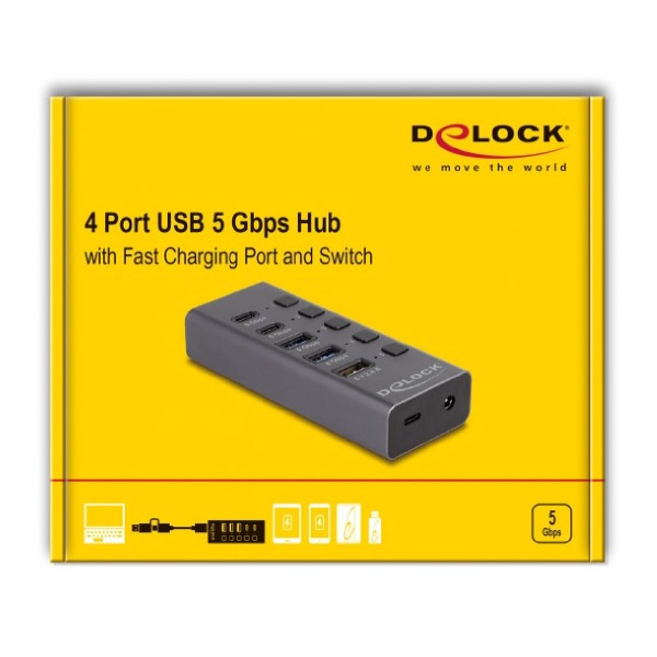 DELOCK USB hub 64248 με διακόπτες, 5x θυρών, 5Gbps, USB/USB-C σύνδεση, γκρι