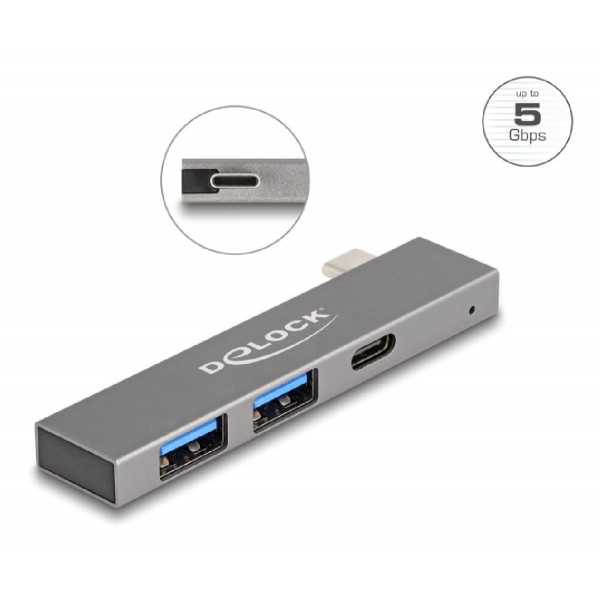 DELOCK USB hub 64275, 3x θυρών, 5Gbps, USB-C σύνδεση, γκρι