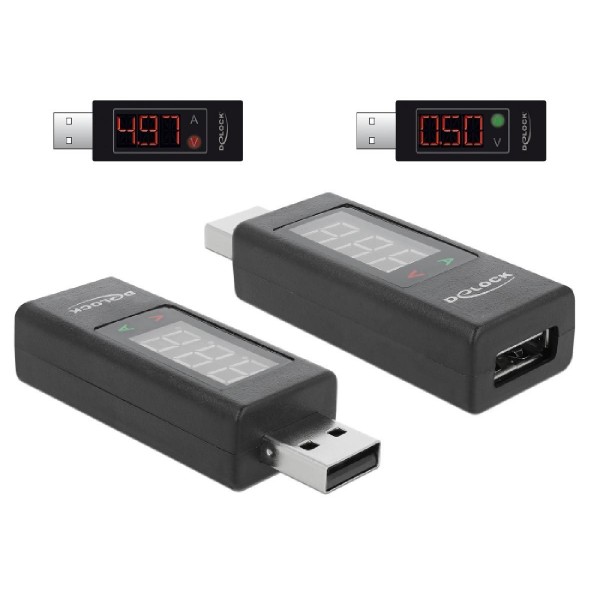 DELOCK αντάπτορας USB 65569 με οθόνη ένδειξης V/A, έως 5V/4A, μαύρος