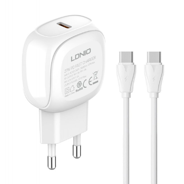 LDNIO φορτιστής τοίχου A1206C με καλώδιο USB-C, 1x USB-C, 27W PD, λευκός