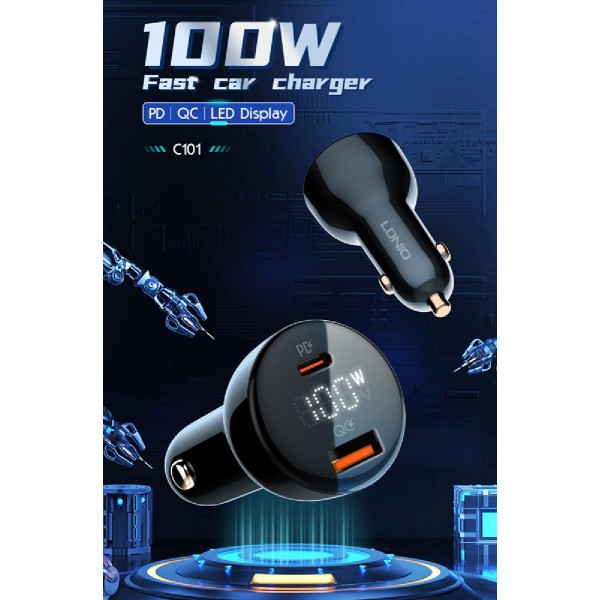 LDNIO φορτιστής αυτοκινήτου C101 με καλώδιο, USB/USB-C, 100W PD, μαύρος