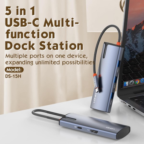 LDNIO docking station DS-15H, 5 θυρών, USB-C σύνδεση, 4K, 100W PD, γκρι